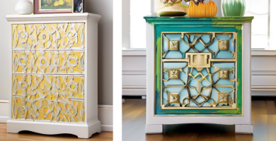 Create an image showcasing a side-by-side comparison of a worn-out, dated piece of furniture on the left, and the same piece transformed into a stunning, m