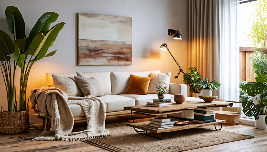 Create a warm and inviting living room scene with a mix of modern and rustic elements. Include a comfortable sofa with plush cushions and a soft throw blan