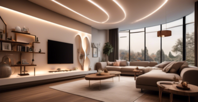 A modern living room with a variety of innovative lighting solutions, featuring sleek floor lamps, pendant lights with artistic designs, LED strip lights h