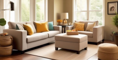 A cozy, well-decorated small living room featuring compact, stylish couches with built-in storage. The furniture should be arranged to maximize space, with