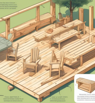 A detailed illustration of a DIY workspace with various tools and wooden planks, showing the step-by-step process of building outdoor furniture. Include se