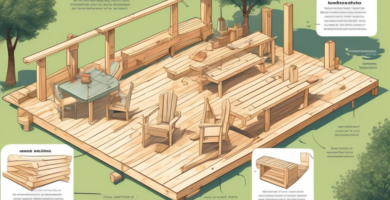 A detailed illustration of a DIY workspace with various tools and wooden planks, showing the step-by-step process of building outdoor furniture. Include se