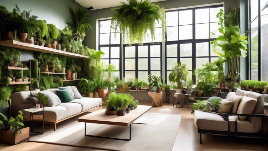 A stylish living room featuring a creative indoor garden design with lush green plants arranged on elegant shelves, hanging pots, and vertical garden walls