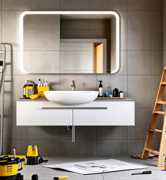 A modern bathroom under renovation with construction tools scattered around, a blueprint on the vanity, tiles being laid, a sink being installed, and a lad