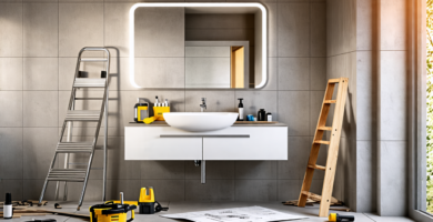 A modern bathroom under renovation with construction tools scattered around, a blueprint on the vanity, tiles being laid, a sink being installed, and a lad