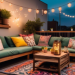 A cozy and stylish outdoor balcony adorned with modern furniture, lush green plants, string lights, colorful throw pillows, a small coffee table with a tra