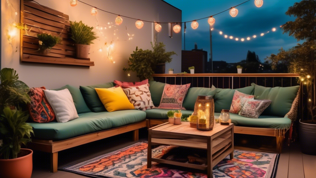 A cozy and stylish outdoor balcony adorned with modern furniture, lush green plants, string lights, colorful throw pillows, a small coffee table with a tra