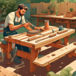 A detailed and vibrant illustration showing a craftsman in a lush, sunny backyard setting. The craftsman is actively building a piece of outdoor furniture,