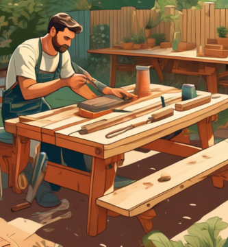 A detailed and vibrant illustration showing a craftsman in a lush, sunny backyard setting. The craftsman is actively building a piece of outdoor furniture,