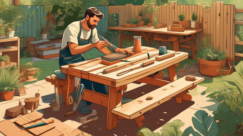 A detailed and vibrant illustration showing a craftsman in a lush, sunny backyard setting. The craftsman is actively building a piece of outdoor furniture,