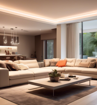 Create an image of a modern living room that features a cutting-edge smart home lighting system. Showcase a blend of sleek ceiling lights, wall-mounted fix