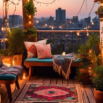 A quaint, charming small balcony decorated with bohemian-inspired hanging plants, vibrant cushions on a compact wooden bench, a patterned outdoor rug, stri