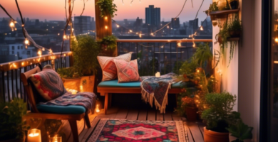 A quaint, charming small balcony decorated with bohemian-inspired hanging plants, vibrant cushions on a compact wooden bench, a patterned outdoor rug, stri