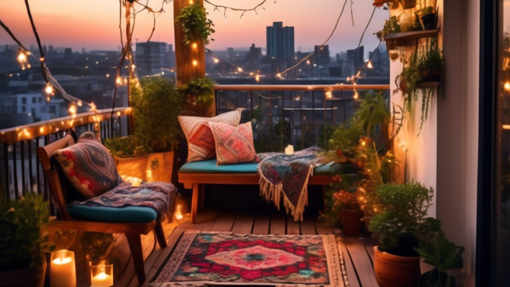 A quaint, charming small balcony decorated with bohemian-inspired hanging plants, vibrant cushions on a compact wooden bench, a patterned outdoor rug, stri