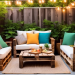 A cozy and stylish outdoor patio featuring pallet wood furniture, including a rustic wooden table, chairs with comfortable cushions, and a pallet wood sofa