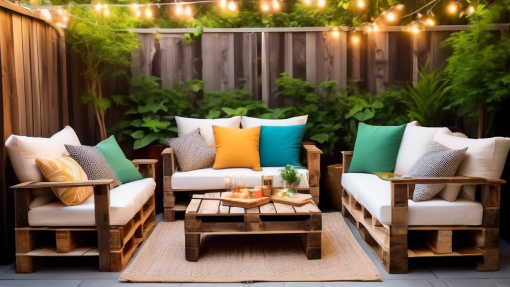 A cozy and stylish outdoor patio featuring pallet wood furniture, including a rustic wooden table, chairs with comfortable cushions, and a pallet wood sofa