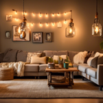 A cozy, modern living room with DIY homemade lighting fixtures made from affordable materials. The room includes hanging mason jar lights, a floor lamp cra