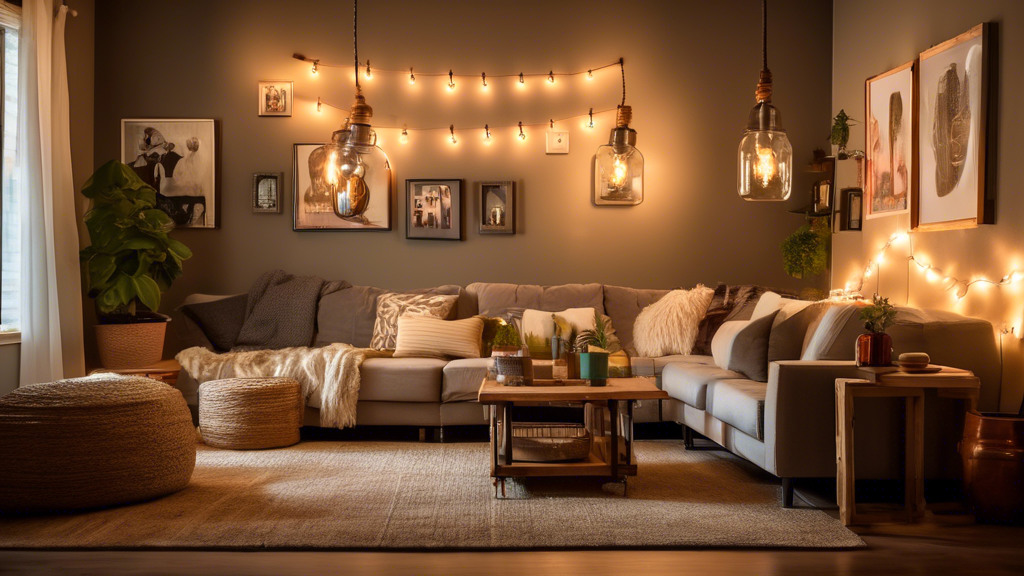 A cozy, modern living room with DIY homemade lighting fixtures made from affordable materials. The room includes hanging mason jar lights, a floor lamp cra