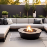 A contemporary backyard patio featuring sleek, modern outdoor furniture. The scene includes a minimalist sectional sofa with weather-resistant cushions, a