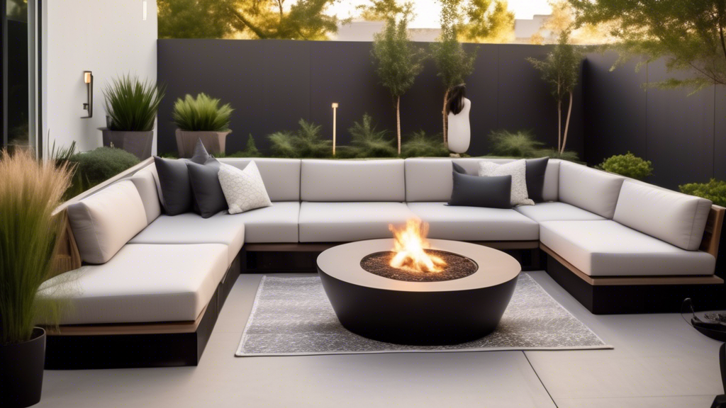 A contemporary backyard patio featuring sleek, modern outdoor furniture. The scene includes a minimalist sectional sofa with weather-resistant cushions, a