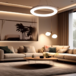 A modern living room transformatively lit with a combination of stylish pendant lights, sleek floor lamps, and strategically placed LED strip lights. The r