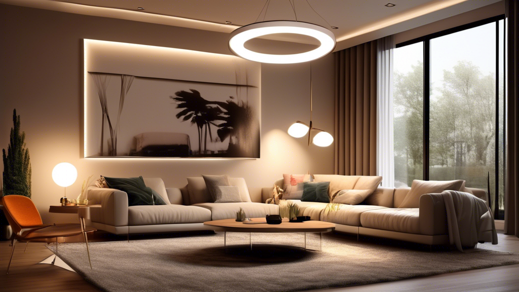 A modern living room transformatively lit with a combination of stylish pendant lights, sleek floor lamps, and strategically placed LED strip lights. The r