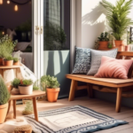 Create an image of a cozy and beautifully decorated balcony featuring DIY items such as handmade planters, colorful cushions, fairy lights, and a small woo