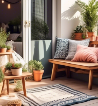 Create an image of a cozy and beautifully decorated balcony featuring DIY items such as handmade planters, colorful cushions, fairy lights, and a small woo