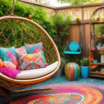 A vibrant and eclectic outdoor patio featuring a variety of unique, creative furniture pieces: a hanging egg chair with colorful cushions, a rustic wooden