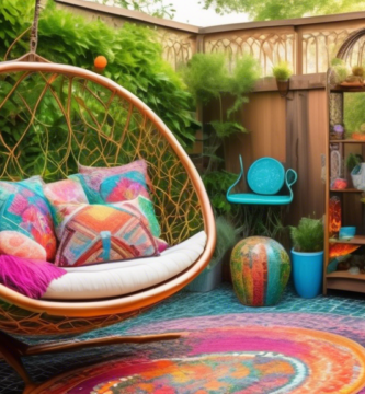 A vibrant and eclectic outdoor patio featuring a variety of unique, creative furniture pieces: a hanging egg chair with colorful cushions, a rustic wooden