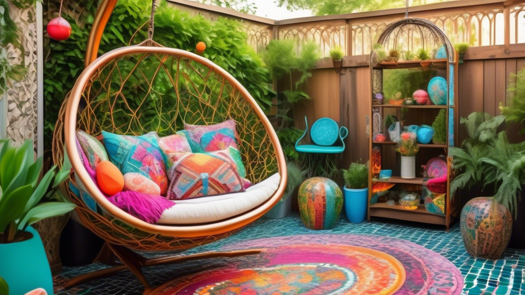 A vibrant and eclectic outdoor patio featuring a variety of unique, creative furniture pieces: a hanging egg chair with colorful cushions, a rustic wooden