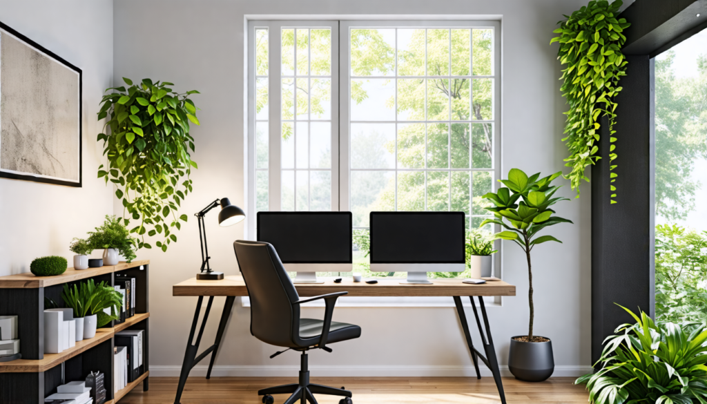 A modern, stylish home office with ergonomic furniture, dual monitors, and lush greenery. Natural light floods the room through a large window, while trend