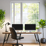 A modern, stylish home office with ergonomic furniture, dual monitors, and lush greenery. Natural light floods the room through a large window, while trend