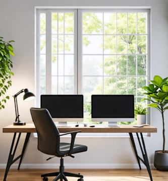 A modern, stylish home office with ergonomic furniture, dual monitors, and lush greenery. Natural light floods the room through a large window, while trend