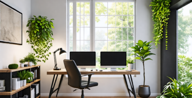 A modern, stylish home office with ergonomic furniture, dual monitors, and lush greenery. Natural light floods the room through a large window, while trend