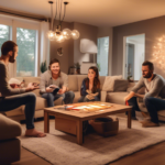 A cozy, modern living room with a variety of smart lighting solutions being installed. A friendly, knowledgeable electrician is showing a young couple how