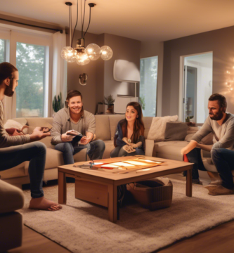 A cozy, modern living room with a variety of smart lighting solutions being installed. A friendly, knowledgeable electrician is showing a young couple how