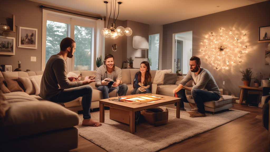 A cozy, modern living room with a variety of smart lighting solutions being installed. A friendly, knowledgeable electrician is showing a young couple how