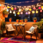 A cozy, small balcony adorned with budget-friendly decorations: colorful string lights hanging above, potted plants in various sizes, a small bistro table