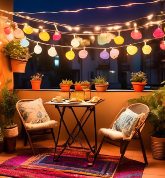 A cozy, small balcony adorned with budget-friendly decorations: colorful string lights hanging above, potted plants in various sizes, a small bistro table