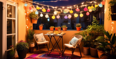 A cozy, small balcony adorned with budget-friendly decorations: colorful string lights hanging above, potted plants in various sizes, a small bistro table