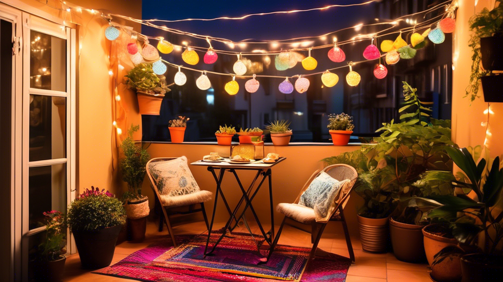 A cozy, small balcony adorned with budget-friendly decorations: colorful string lights hanging above, potted plants in various sizes, a small bistro table