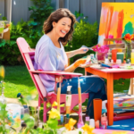 A vibrant backyard scene with someone smiling and painting a wooden chair in cheerful, lively colors. Nearby, other pieces of outdoor furniture such as tab