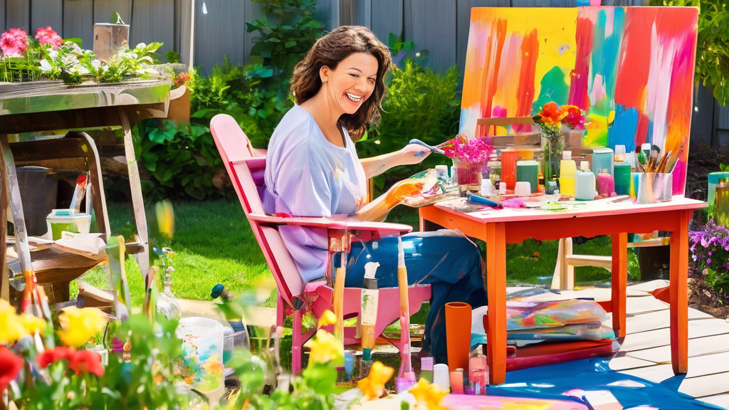 A vibrant backyard scene with someone smiling and painting a wooden chair in cheerful, lively colors. Nearby, other pieces of outdoor furniture such as tab