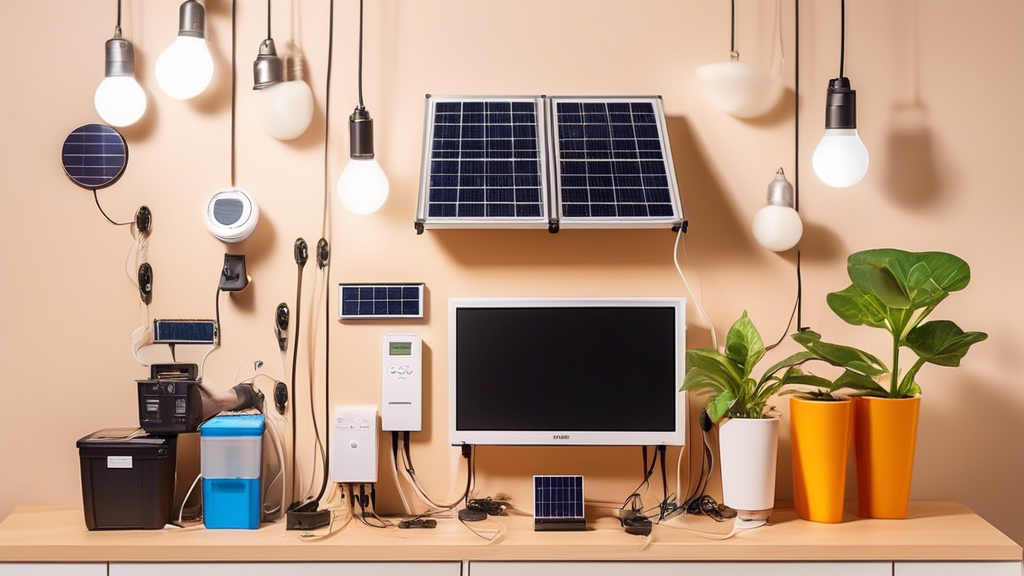 Create an image showcasing a variety of budget-friendly solar power home lighting system energy kits. Include diverse components such as solar panels, LED