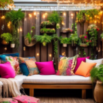 A cozy outdoor balcony with a stunning wall transformation: a vertical garden filled with lush, green plants, string lights artfully draped around, vibrant