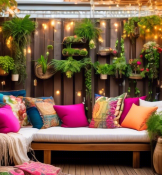 A cozy outdoor balcony with a stunning wall transformation: a vertical garden filled with lush, green plants, string lights artfully draped around, vibrant