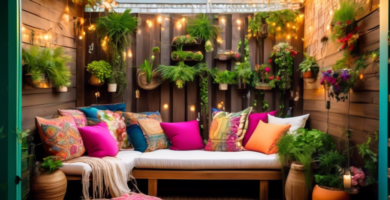 A cozy outdoor balcony with a stunning wall transformation: a vertical garden filled with lush, green plants, string lights artfully draped around, vibrant