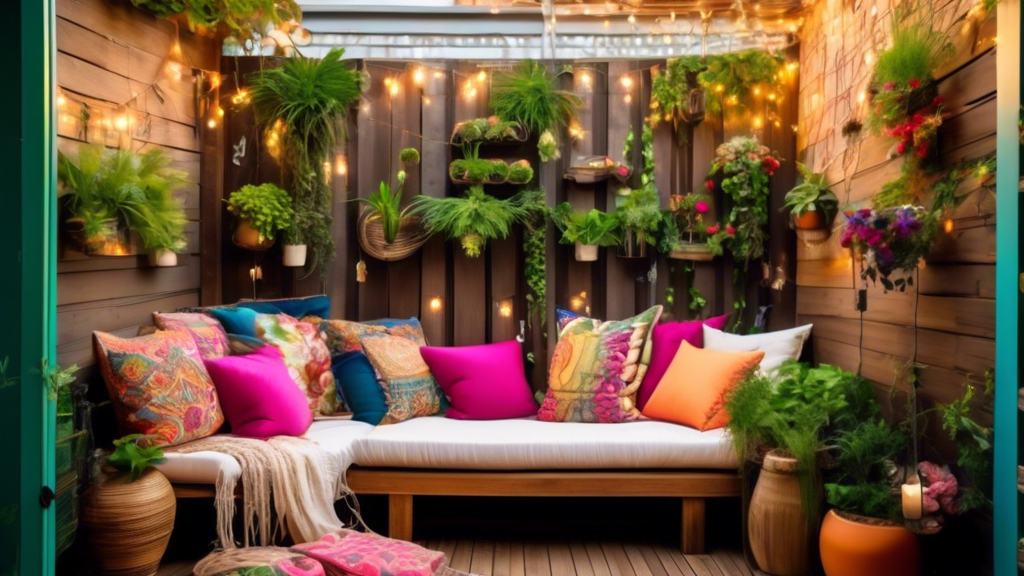 A cozy outdoor balcony with a stunning wall transformation: a vertical garden filled with lush, green plants, string lights artfully draped around, vibrant