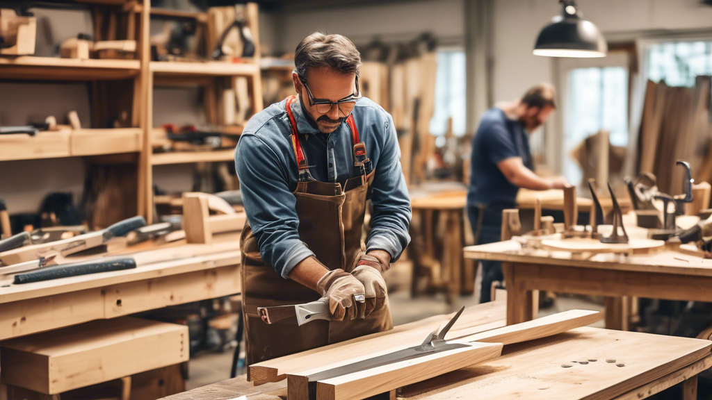 A detailed scene in a workshop where a skilled craftsman is creating outdoor furniture. There's a focus on high-quality, durable materials such as treated